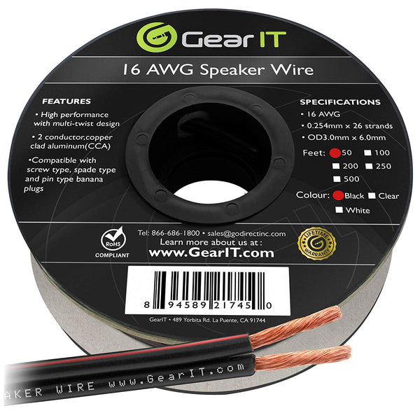 GearIT 16 Gauge Speaker Wire CCA - Copper Clad Aluminum - Home Theater, Car Speakers & More GearIT