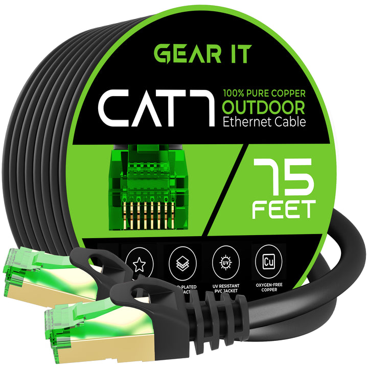 GearIT Cat7 Outdoor Ethernet Patch Cable - SFTP Shielded Foil Twisted Pair - Waterproof, Black - GearIT