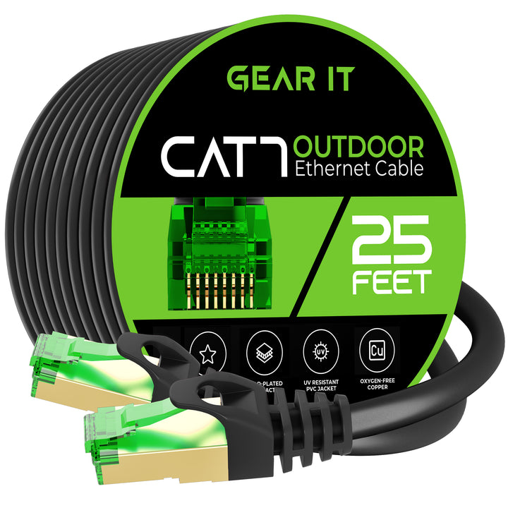 GearIT Cat7 Outdoor Ethernet Patch Cable - SFTP Shielded Foil Twisted Pair - Waterproof, Black - GearIT