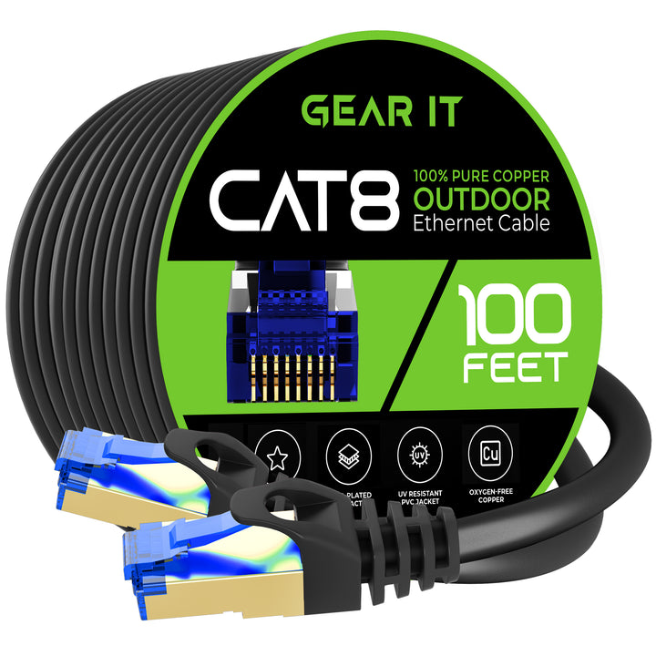 GearIT Cat8 Outdoor Ethernet Cable - Waterproof, Direct Burial, In-Ground, LLDPE, Black - GearIT