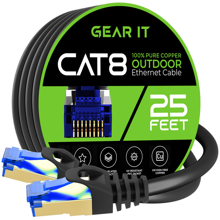 GearIT Cat8 Outdoor Ethernet Cable - Waterproof, Direct Burial, In-Ground, LLDPE, Black - GearIT