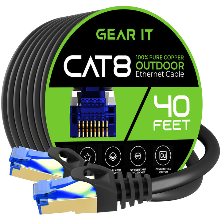 GearIT Cat8 Outdoor Ethernet Cable - Waterproof, Direct Burial, In-Ground, LLDPE, Black - GearIT