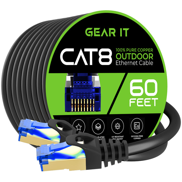 GearIT Cat8 Outdoor Ethernet Cable - Waterproof, Direct Burial, In-Ground, LLDPE, Black - GearIT