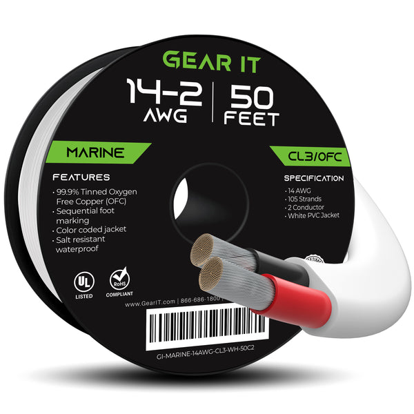 GearIT 14 AWG Marine Speaker Cable - 2-Conductor Tinned Copper Wire OFC - Electrical Grade, White - GearIT