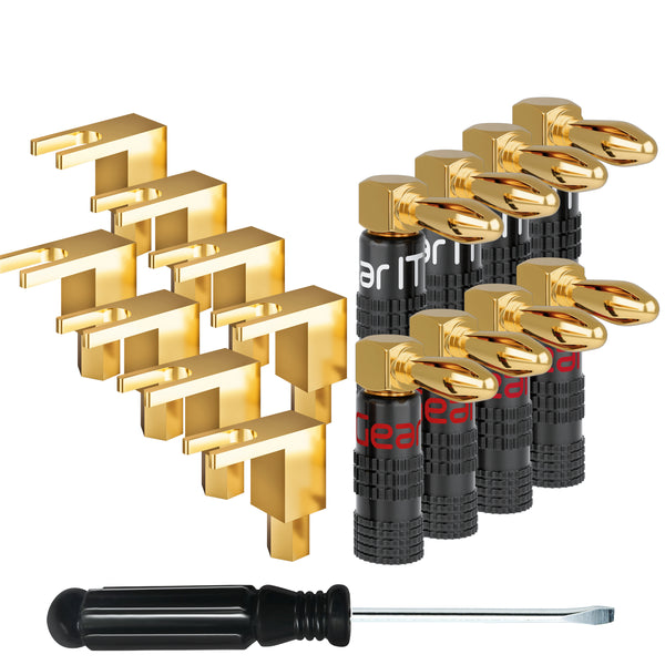 GearIT 4 Pairs Right Angle Plugs and 4 Pairs Right Angle Spade Plugs - Spade to Banana Plug Adapter, 8 Pairs 16 Pieces - GearIT