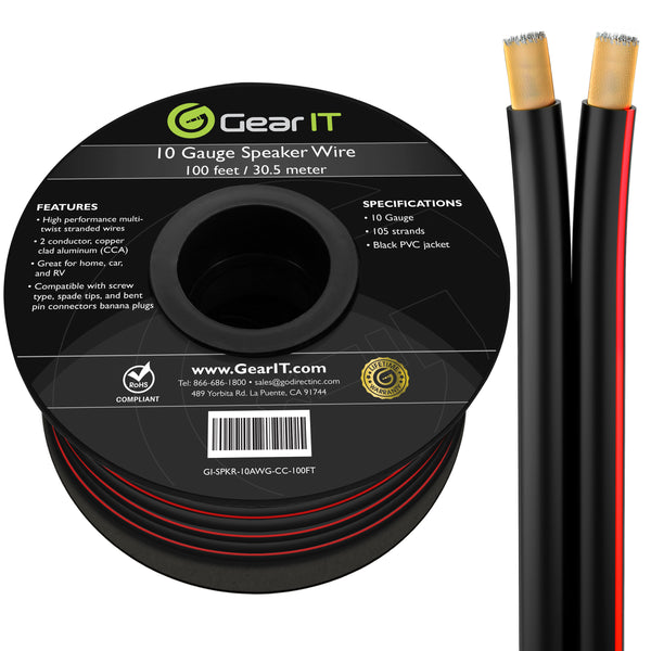 GearIT 10 Gauge Speaker Wire CCA - Copper Clad Aluminum, Black GearIT