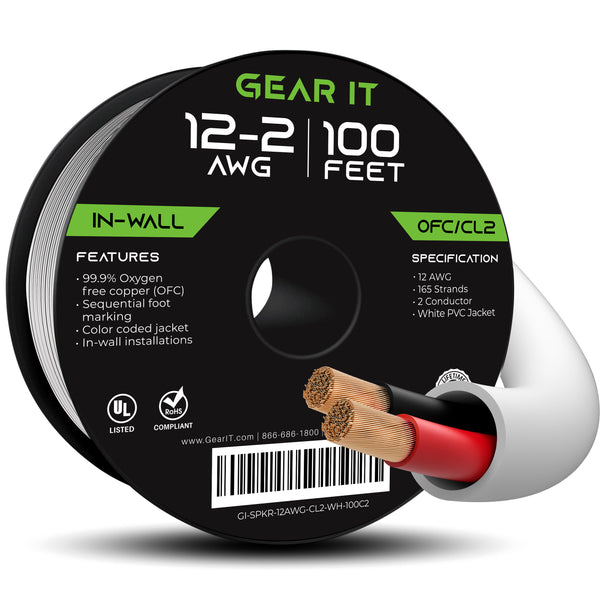 GearIT 12 AWG In Wall Speaker Wire - CL2 Rated - Oxygen Free Copper (OFC), White GearIT