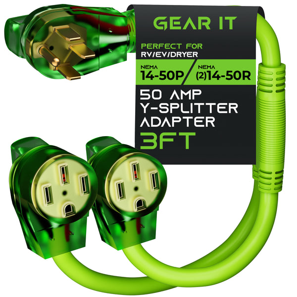 50 Amp NEMA 14-50P to Dual NEMA 14-50R Splitter Power Cord Adapter - 4 Prong STW 6/3, 8/1 AWG - GearIT