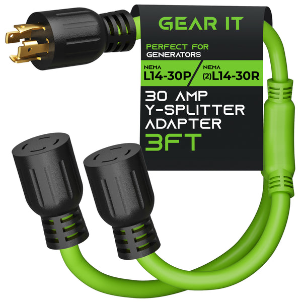 30 Amp NEMA L14-30P to Dual NEMA L14-30R Splitter Power Cord Adapter - Locking 4 Prong SJTW 10AWG 4C - GearIT