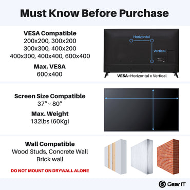 Swivel TV Wall Mount for 37-80inch TVs (Up to 132 lbs) GearIT