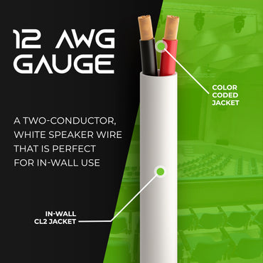 GearIT 12 AWG In Wall Speaker Wire - CL2 Rated - Oxygen Free Copper (OFC), White GearIT