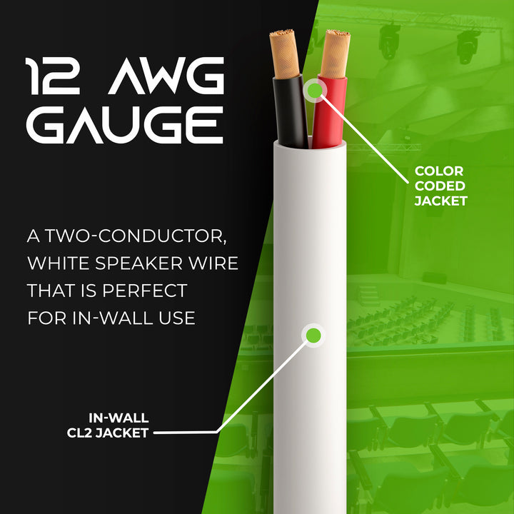 GearIT 12 AWG In Wall Speaker Wire - CL2 Rated - Oxygen Free Copper (OFC), White GearIT
